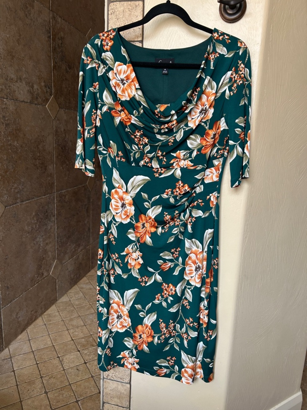 connected apparel Teal Floral Cowl Midi Dress with Orange Accents